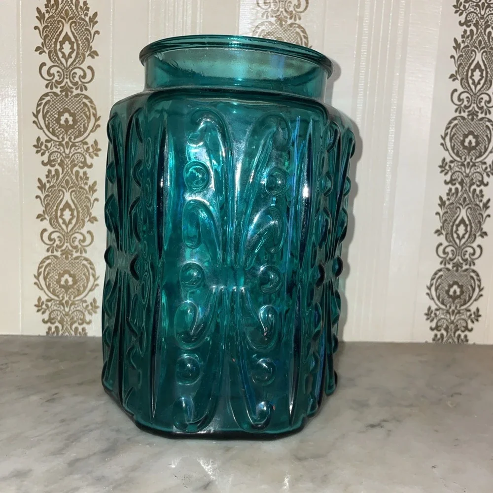 Vintage‎ LE Smith Imperial Atterbury Scroll Canister Jar Teal Glass Apothecary